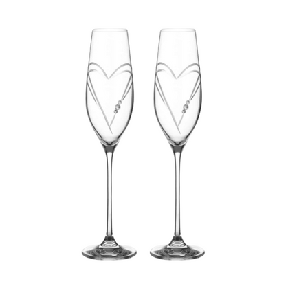 Glassware UK diamante champagne flutes with heart-shaped cutting, displayed in a gift box, elegant sparkling glassware for special occasions.