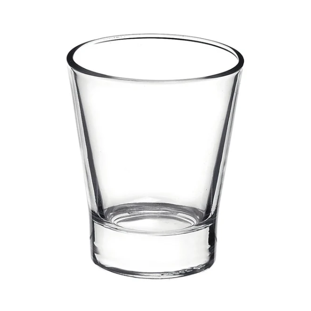 Set of six Bormioli Rocco 85ml espresso shot glasses, clear glass coffee glasses with smooth rims and sturdy bases.