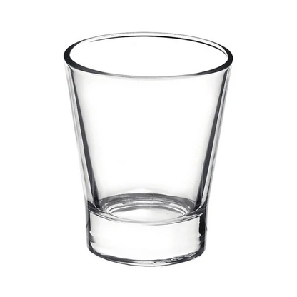 Set of six Bormioli Rocco 85ml espresso shot glasses, clear glass coffee glasses with smooth rims and sturdy bases.