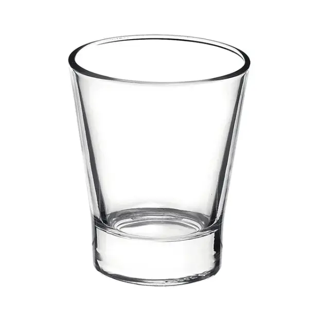 Set of six Bormioli Rocco 85ml espresso shot glasses displayed on a table, clear glassware perfect for serving espresso.