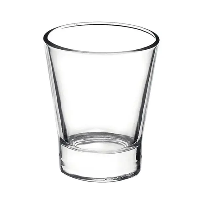 Set of six Bormioli Rocco 85ml espresso shot glasses displayed on a table, clear glassware perfect for serving espresso.
