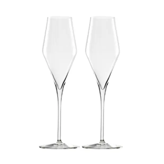 Set of 2 Stolzle Quatrophil champagne flutes with LED lighting, clear glassware, presented in a gift box, perfect for celebrations.