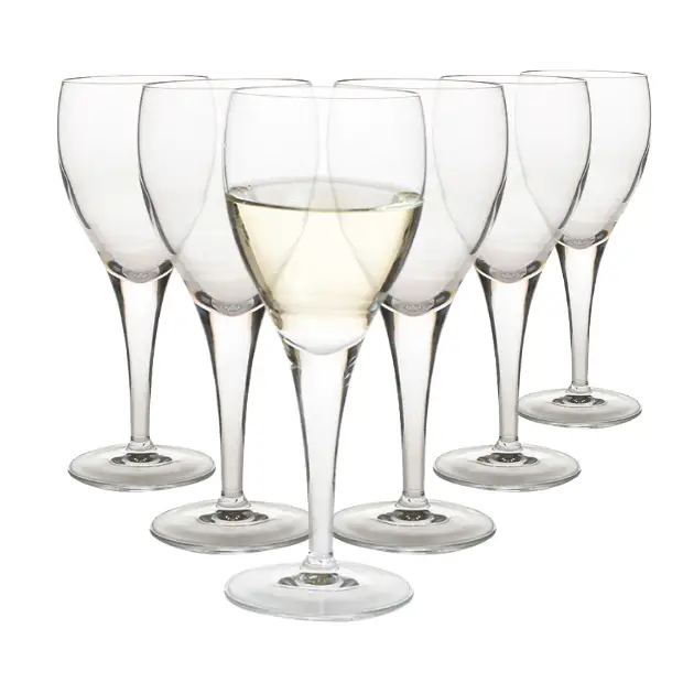 Set of six Luigi Bormioli white wine glasses, 190ml, clear glassware with elegant stems, designed for serving white wine.
