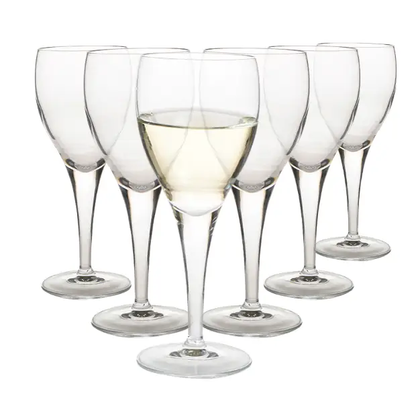 Set of six Luigi Bormioli white wine glasses, 190ml, clear glassware with elegant stems, designed for serving white wine.