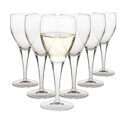 Set of six Luigi Bormioli white wine glasses, 190ml, with clear glass and elegant stem design, perfect for wine serving.