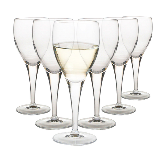 Set of six Luigi Bormioli white wine glasses, 190ml, with clear glass and elegant stem design, perfect for wine serving.
