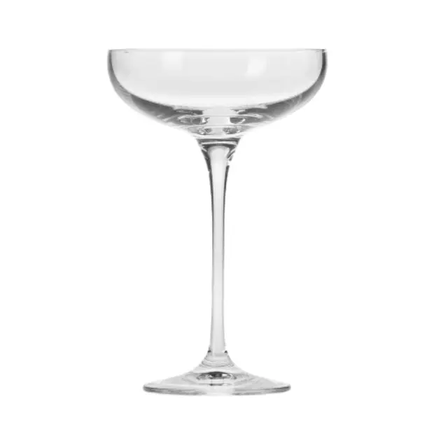 Set of six Krosno champagne flutes in 240ml size, clear glassware with elegant, tall champagne saucers for celebrating special occasions.