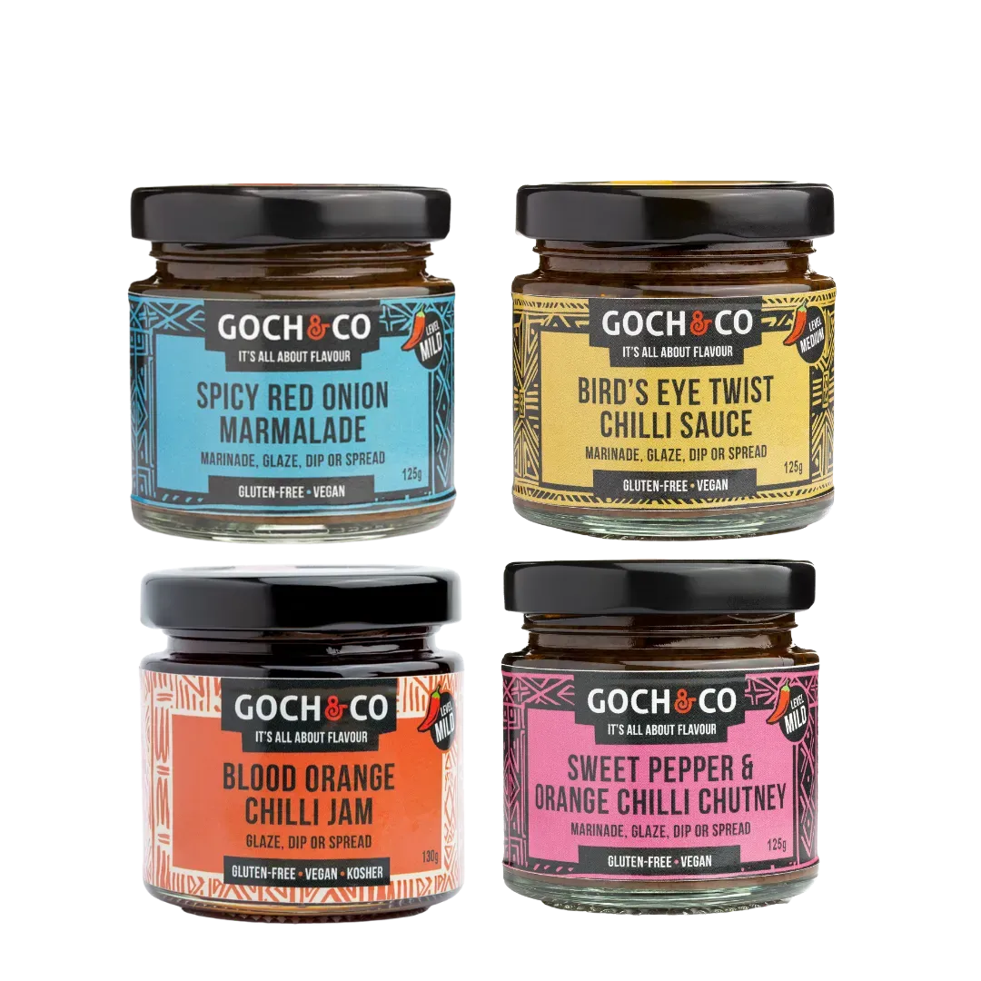 Goch & Co Goch Chilli Gift Box with assorted chili-themed gifts and vibrant packaging, perfect for spicy food enthusiasts.