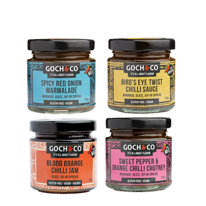 Goch & Co Goch Chilli Gift Box with assorted chili-themed gifts and vibrant packaging, perfect for spicy food enthusiasts.