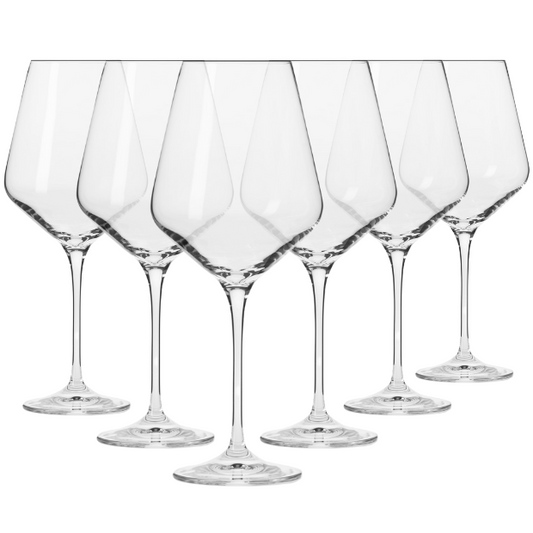 Set of six Krosno Avant-Garde wine glasses with a 390ml capacity, clear glassware for elegant wine serving.