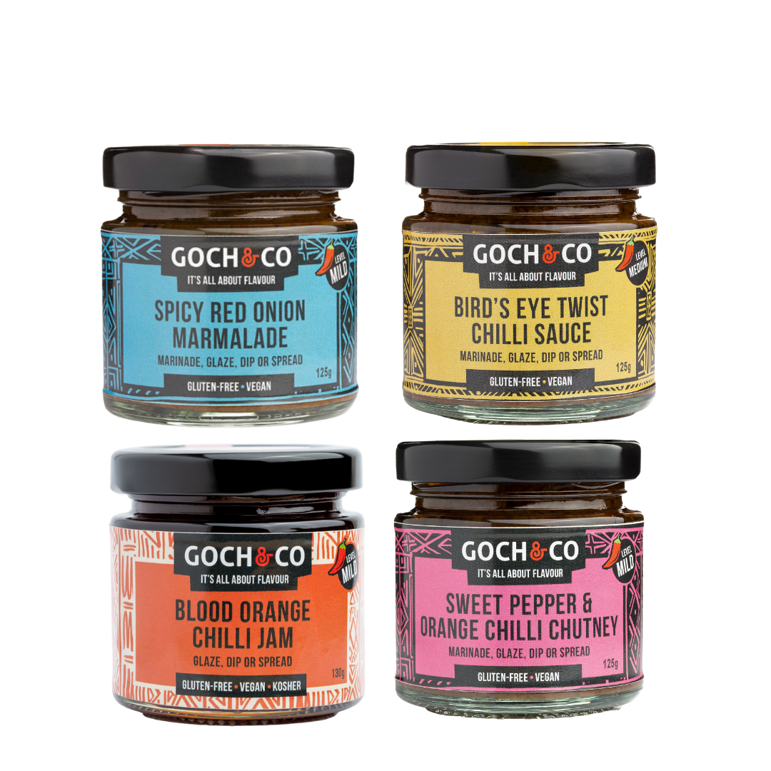 Goch & Co Goch Chilli Gift Box with assorted chili sauces and condiments in a decorative box on a white background