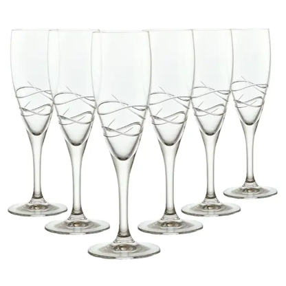 Set of six Crystalite champagne flutes by Glassware UK, 180ml elegant glassware for sparkling wine celebrations.
