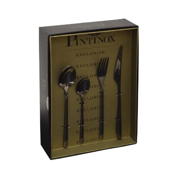 Glassware UK Pintinox Florence by Night 24-piece cutlery set with forks, knives, and spoons arranged on a white background.