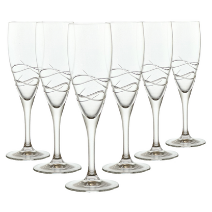 Set of six Crystalite Champagne Flutes from Glassware UK, 180ml, clear glass with elegant tall, slender design for sparkling wine.