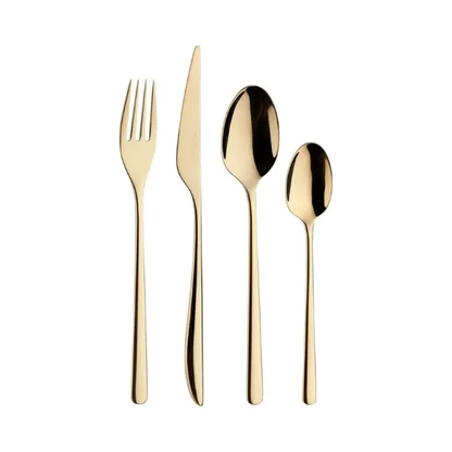 Glassware UK Pintinox Florence Sunshine 24-piece cutlery set with stainless steel forks, knives, and spoons arranged on a white background.
