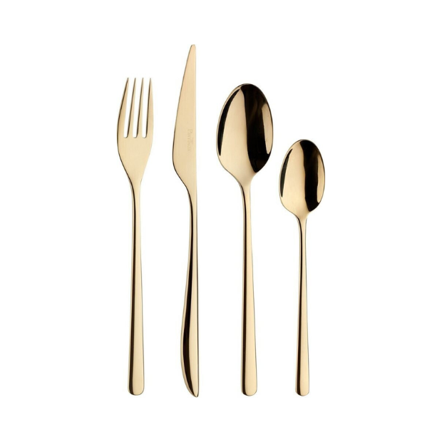 Glassware UK Pintinox Florence Sunshine 24-piece cutlery set with stainless steel forks, knives, and spoons arranged on a table.