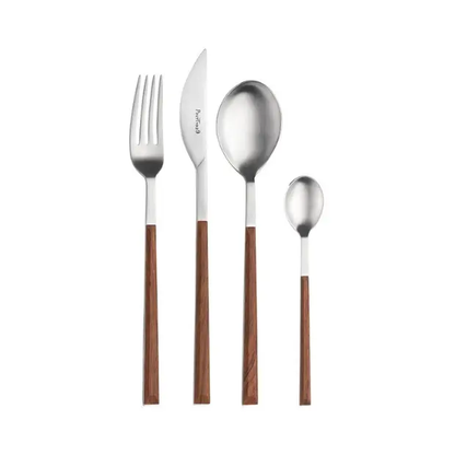 Glassware UK Pintinox Sushi Mahogany Cutlery Set with 24 pieces, including knives, forks, and spoons crafted from mahogany wood.