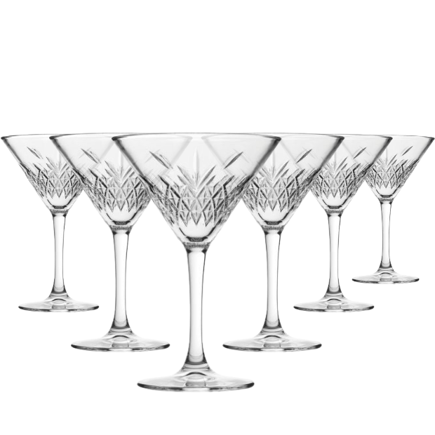 Set of six Timeless Fully Cut Martini Glasses from Glassware UK, 230ml cocktail glasses with intricate cut patterns.