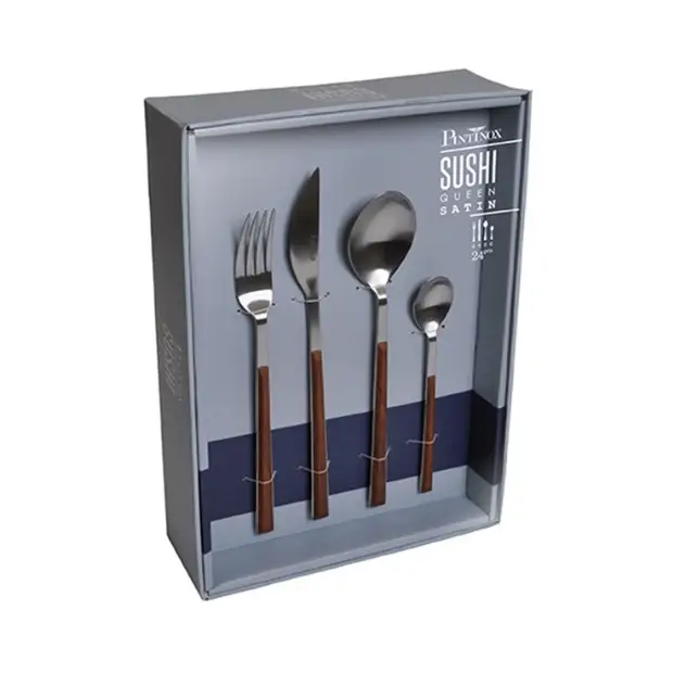 Glassware UK Pintinox Sushi Mahogany 24-piece cutlery set, featuring sleek knives, forks, and spoons arranged on a white background.