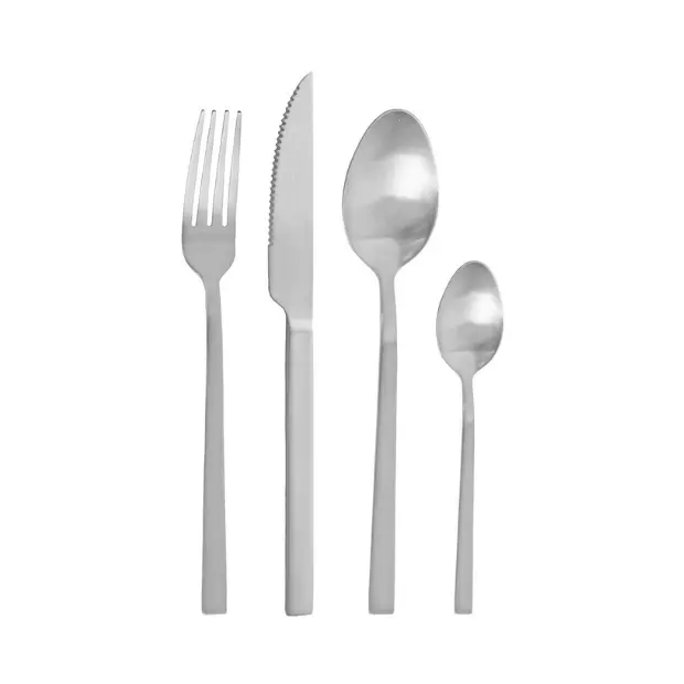 24-piece Pintinox Duke Satin Steel cutlery set with sleek, polished stainless steel forks, knives, and spoons arranged neatly.