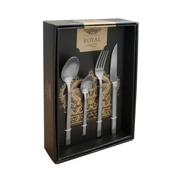 Glassware UK Pintinox Duke Satin Steel Cutlery Set with 24 pieces, including forks, knives, and spoons arranged on a table.