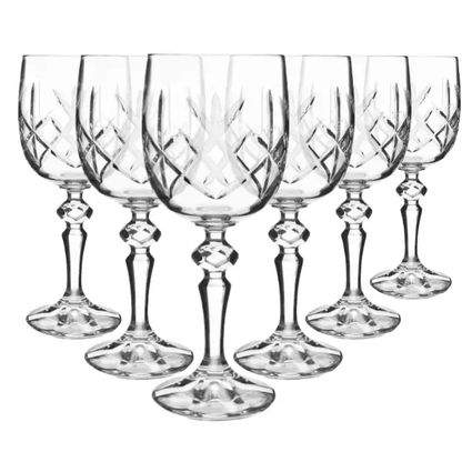 Set of six Flamenco Crystalite wine glasses by Glassware UK, 220ml full cut design, showcasing elegant transparent glassware.