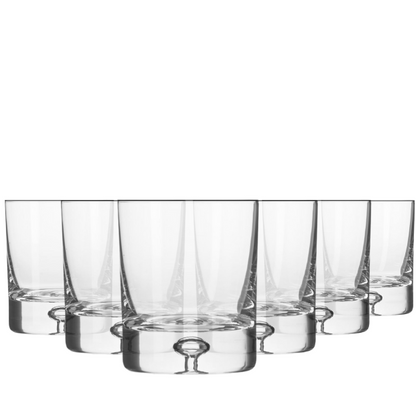 Set of six Krosno Bubble Base whisky tumblers, 280ml glassware with rounded bubble design for elegant spirits presentation.