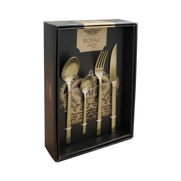 24-piece Pintinox Duke Satin Gold cutlery set featuring sleek spoons, forks, and knives from Glassware UK.