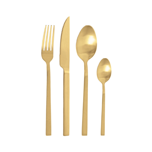 24-piece Pintinox Duke Satin Gold cutlery set including forks, knives, and spoons displayed on a white background.