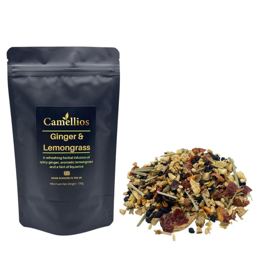 Loose leaf Ginger and Lemongrass tea by Camellios, showcasing fresh, aromatic dried herbal tea leaves in a natural blend.