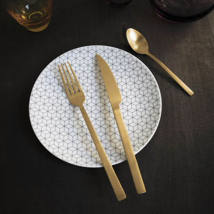 24-piece Pintinox Duke Satin Gold cutlery set featuring sleek forks, knives, and spoons with a satin gold finish.