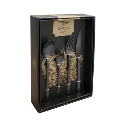 24-piece Pintinox Duke Satin Black cutlery set by Glassware UK, featuring sleek, modern knives, forks, and spoons on a white background.