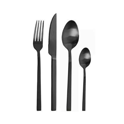 24-piece Pintinox Duke Satin Black cutlery set with sleek fork, knife, and spoon designs for modern table settings.