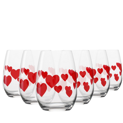Set of six L'Amour Red Heart whisky tumblers by Glassware UK, 335ml each, featuring red heart designs on clear glass.