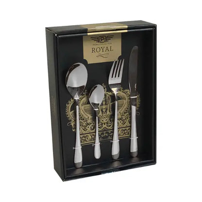 24-piece Pintinox Princess steel cutlery set by Glassware UK, including forks, knives, spoons, and teaspoons arranged on a table.
