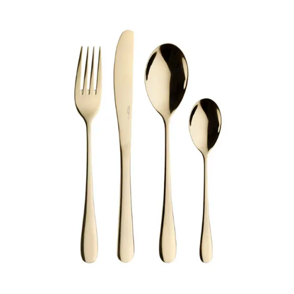 Gold-colored Pintinox Princess 24-piece cutlery set by Glassware UK, featuring forks, knives, spoons arranged on a white background.