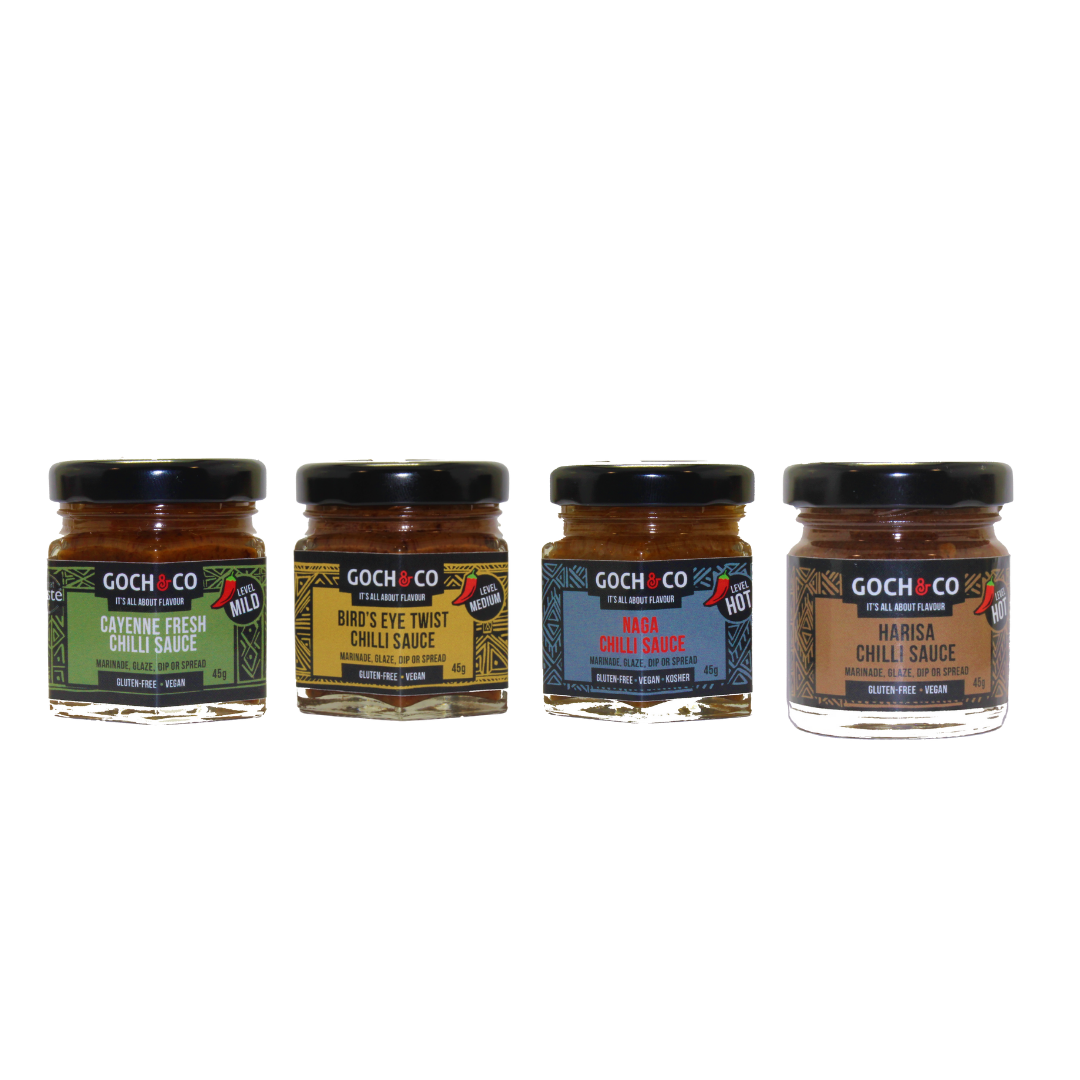 Goch & Co Goch Chilli Sauces Gift Set featuring colorful bottles of spicy chili sauces on a white background
