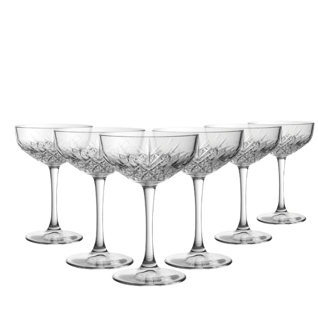 Set of six Timeless Fully Cut Champagne Flutes by Glassware UK, 270ml, elegant crystal-clear glassware for celebrations