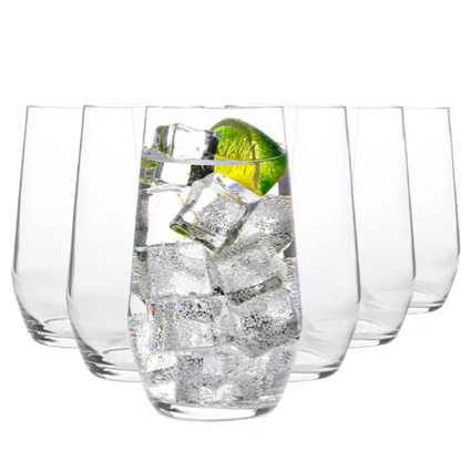 Set of six Bormioli Rocco Electra highball glasses, 390ml whisky tumblers with clear glass design for stylish drinkware.