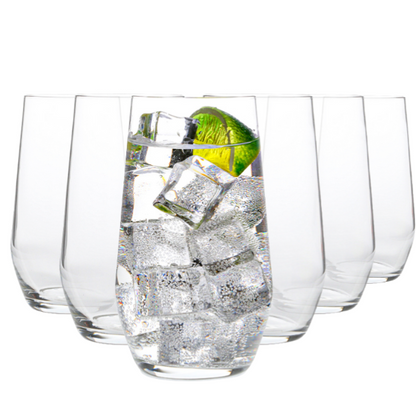 Set of six Bormioli Rocco Electra highball whisky tumblers, 390ml glassware with clear, elegant design for beverages.