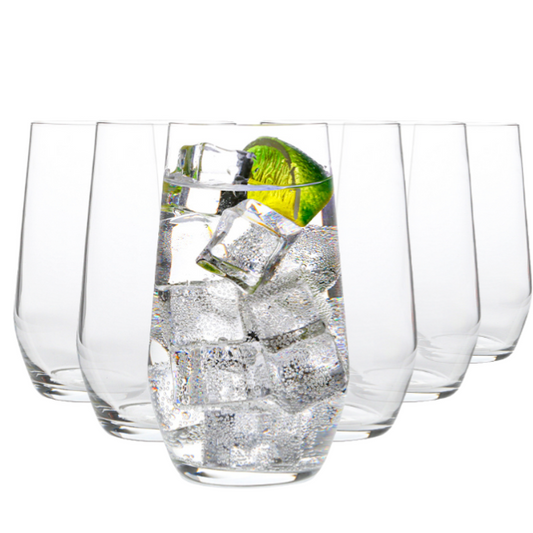 Set of six Bormioli Rocco Electra highball whisky tumblers, 390ml glassware with clear, elegant design for beverages.