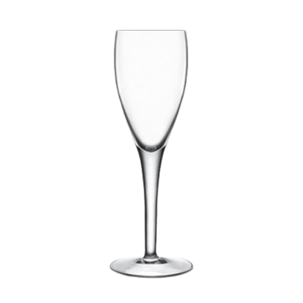 Set of six Luigi Bormioli 160ml champagne flutes with clear glass and elegant stem design, perfect for celebrating special occasions.