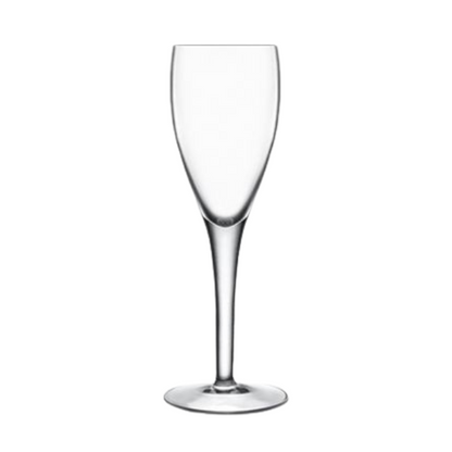 Set of six Luigi Bormioli 160ml champagne flutes with clear glass and elegant stem design, perfect for celebrating special occasions.