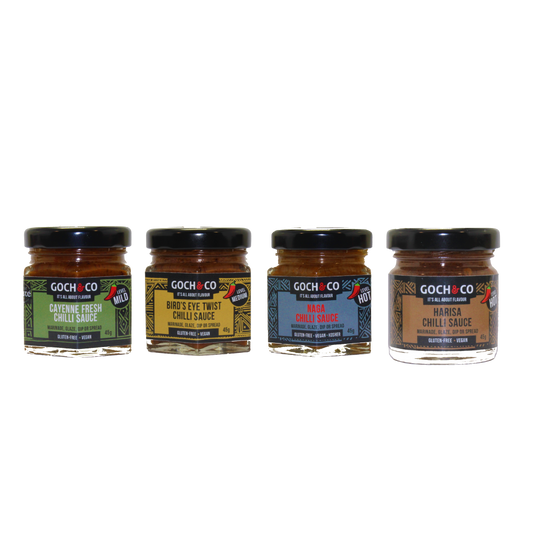 Goch & Co Goch Chilli Sauces gift set with multiple bottles of spicy chili sauces in colorful packaging.