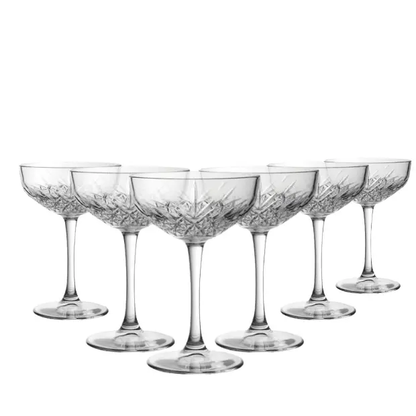 Set of six Timeless Fully Cut Champagne Flutes by Glassware UK, 270ml, with elegant, clear glass design for celebrating occasions.