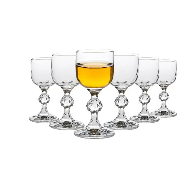 Set of six Crystalite liqueur shot glasses from Glassware UK, 50ml capacity, clear glass with elegant design.