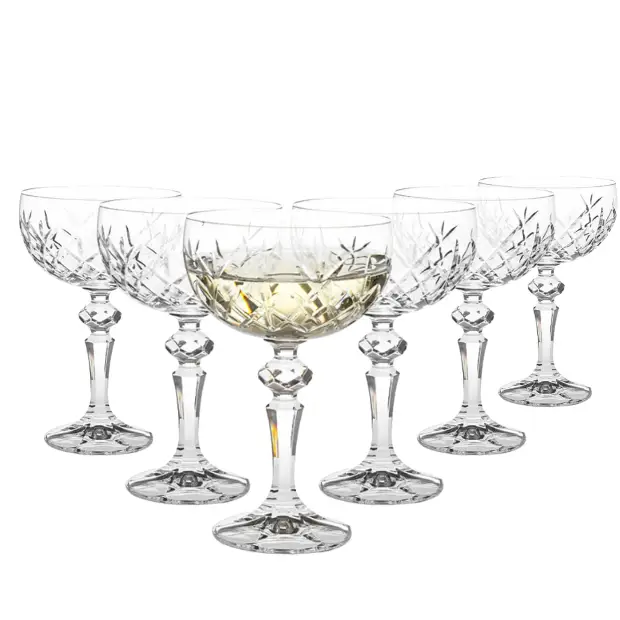 Set of six Flamenco Crystalite full cut champagne flutes by Glassware UK, 200ml capacity, elegant crystal glassware for celebrations.