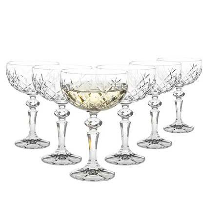Set of six Flamenco Crystalite full cut champagne flutes by Glassware UK, 200ml capacity, elegant crystal glassware for celebrations.