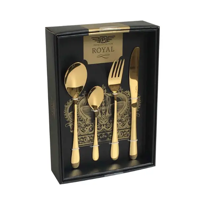 24-piece Pintinox Princess Gold cutlery set by Glassware UK, featuring elegant gold-plated forks, knives, and spoons arranged on a table.