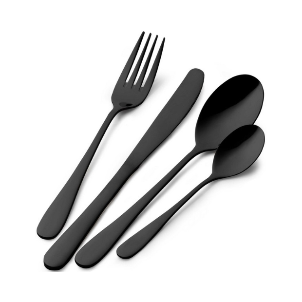 24-piece Pintinox Princess Black cutlery set by Glassware UK, featuring sleek black stainless steel utensils on a white background.